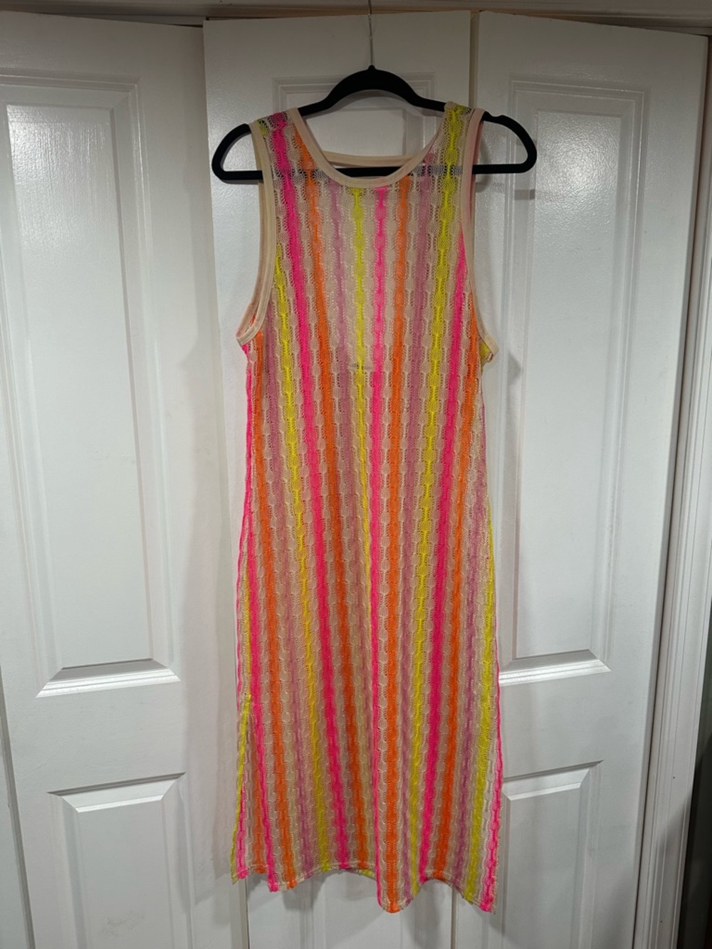Mikey Swim, Neon Stripe Crochet Tank Dress, beach coverup
